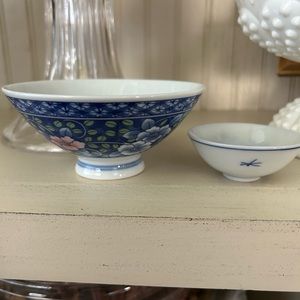 Vintage rice noodle bowl blue white and pink floral porcelain